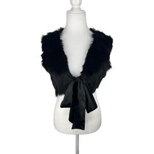 Runway 101 Women's Black Natural Fur Vest Sleeveless Cropped Shrug Sash Tie